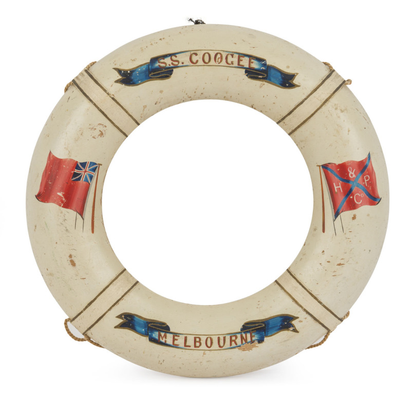 S.S. COOGEE Huddart Parker & Co. Melbourne, souvenir life buoy picture frame, hand-painted on pine, late 19th early 20th century, ​30cm diameter.
