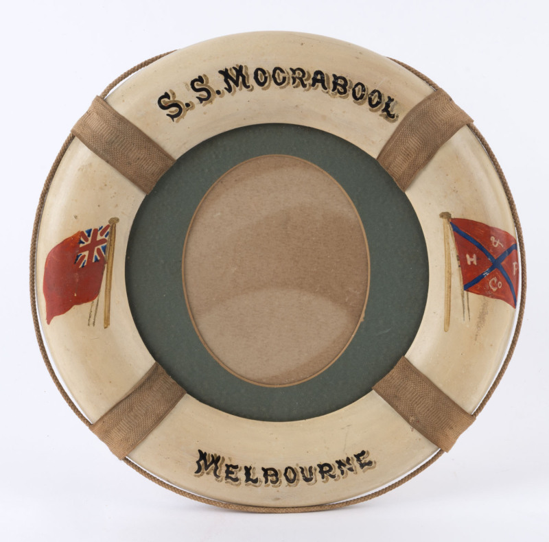 S.S. MOORABOOL Huddart Parker & Co. Melbourne, souvenir life buoy picture frame, hand-painted on pine, late 19th early 20th century, 25cm diameter.