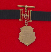 9ct gold fob suspended from a black silk band with 9ct shields and links. The fob, with a soldier and a map of Australia to front, engraved verso "Portland Rifle Club War Service Medal Presented to S.H. Haynes 1920". Samuel Henry HAYNES of Cashmore, Vict - 2