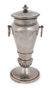 FREDERICK BASSE sterling silver two handled cup and cover, Adelaide, circa 1910, impressively hallmarked "BASSE, ADELAIDE, BROKEN HILL SILVER", with crown and lion marks, 27.5cm high, 810 grams. PROVENANCE: The Collection of the late Graham & Elizabeth Cocks, Bonham's Sydney, 25th Nov 2013.