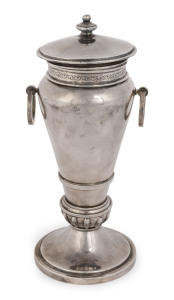 FREDERICK BASSE sterling silver two handled cup and cover, Adelaide, circa 1910, impressively hallmarked "BASSE, ADELAIDE, BROKEN HILL SILVER", with crown and lion marks, 27.5cm high, 810 grams. PROVENANCE: The Collection of the late Graham & Elizabeth Co