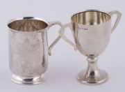SAUNDERS (Sydney) Australian sterling silver tankard together with a two handled trophy (inscription erased, but by F.J. Mole, Brisbane with M, emu and maltese cross marks), early 20th century, (2 items), 9cm and 10.5cm high, 232 grams total