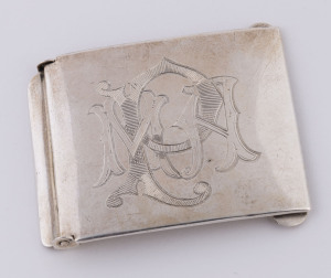 An antique Australian sterling silver belt buckle, 19th century, stamped with emu and kangaroo marks and engraved with owner's monogram (possibly the work of WENDT), ​7.5 x 6.5cm