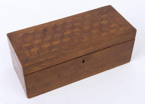 An Australian timber jewellery box with tumbling box design, acacia, huon pine and kauri pine, circa 1900, 11.5cm high, 29.5cm wide, 12.5cm deep