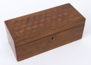 An Australian timber jewellery box with tumbling box design, acacia, huon pine and kauri pine, circa 1900, ​11.5cm high, 29.5cm wide, 12.5cm deep