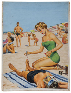 COVER ARTWORK FOR 'DIGEST OF DIGESTS' MAGAZINE: image for February edition showing humorous Australian beach scene, 52x37cm, on board, c.1950s.