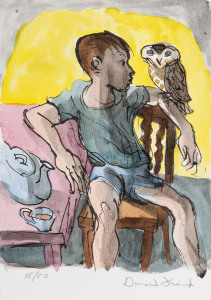 DONALD FRIEND (1915 - 89) Boy with Owl on Left Arm Lithograph, hand coloured, signed in pencil and numbered 15/50 at base, 29.5 x 21cm, accompanied by the book with which it came, "Art in a Classless Society", which is also signed by Friend and numbered 