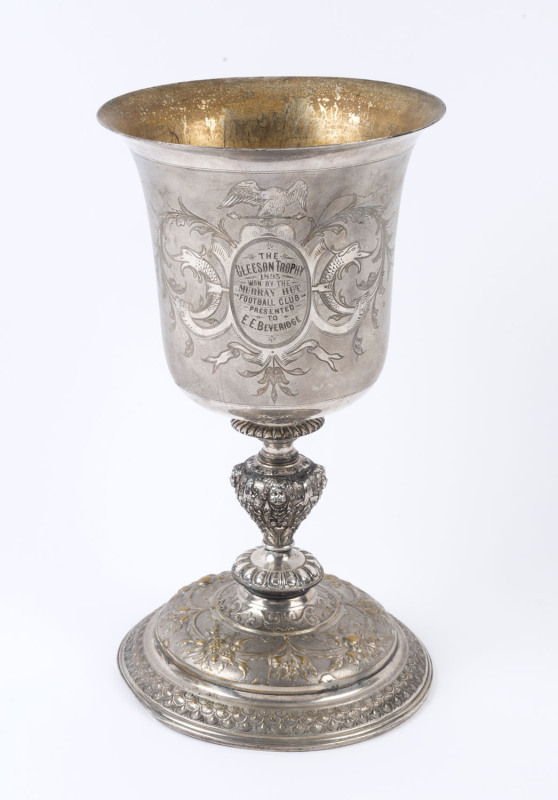 GLEESON TROPHY silver plated cup engraved "The Gleeson Trophy 1893 Won By MURRAY HUT Football Club, Presented To E.E. Beveridge", stamped "W.M.F.", 29cm high