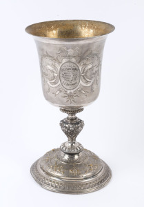 GLEESON TROPHY silver plated cup engraved "The Gleeson Trophy 1893 Won By MURRAY HUT Football Club, Presented To E.E. Beveridge", stamped "W.M.F.", 29cm high