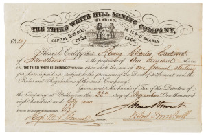 A folio containing numerous documents, letters and receipts associated with mining activities in and around the Victorian Goldfields, 1850s to 1890s. MAinly to do with the COLIBAN MINING CO., but some of the companies noted include EUREKA MINING COMPANY, CASTLEMAINE, MOUNT HOPE QUARTZ MINING CO., EMU REEF COMPANY, WINDLASS HILL GOLD WASHING CO., THE CHEWTON SLUICING CO., THE THIRD WHITE HILL MINING CO., THE WATTLE GULLY GOLD WASHING CO., etc. (qty).