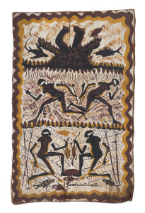 DICK (Goobalatheldin) ROUGHSEY (1924 - 85) (The story of the two Lurugu boys) Earth pigments on eucalyptus bark, signed lower right, dated 66 lower left, 40 x 25cm.