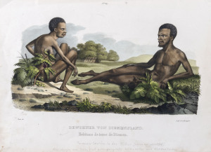 ABORIGINES: A folio of original lithographs and etchings by early European visitors and explorers; some are the original editions and some are the re-issued (or re-engraved) versions issued by other publishers. Various sizes; several hand-coloured. (55+ i