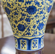 A Chinese Meiping porcelain vase, yellow overlay with underglaze blue decoration of lotus flowers, made in two parts luted at lower end of the neck, 19th/20th century. Note the yellow has continuous pitting to the glaze. Qianlong underglaze seal script ma - 7