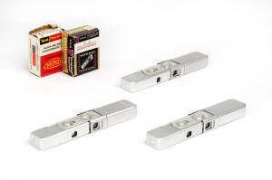 MINOX (Germany) Minox III-S sub-miniature cameras, 1956-57, [#110800, #111222 & 112447 - all in feet & inches] in leather cases with chains. Also accompanied by matching flash attachments in leather cases. (6 items). Also, 3 cartridges of unexposed film i