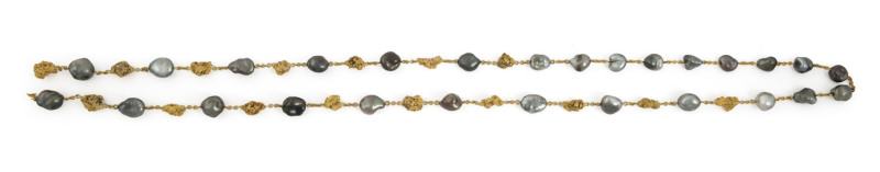 An Australian necklace, Pilbara gold nugget specimens with black Broome pearls, 20th century, ​80cm long