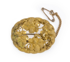 HENRY STEINER antique Australian gold brooch with vine leaf decoration, Adelaide, 19th century, stamped "H. STEINER", 3.5cm wide