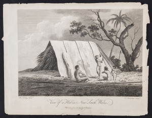 ROBERT CLEVELEY (1747 - 1809), View of a Hut in New South Wales, engraved by T. Medland, Published by J. Stockdale, 1789 in Arthur Phillip's "The voyage of Governor Phillip to Botany Bay.