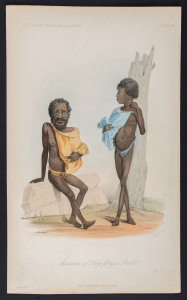 F. BULL, (after Patêt) Australians of King George's Sound. [London: Hippolyte Bailliere, 1842.], Handcoloured stipple engraving, 24 x 14.5cm. (leaf size). Portraits of two natives of King George's Sound, Western Australia, Plate XI published in Prichard'