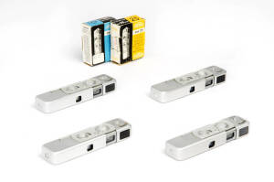 MINOX (Germany): Minox B sub-miniature cameras, 1958-60, [#605999, #606407-B, #617608-B & #690590]; all in leather cases with chains. (4 cameras). Also, 4 unexposed film cassettes in original boxes.