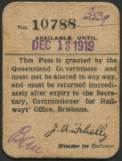 QUEENSLAND RAILWAYS: Travel Pass for a "Returned Soldier : First Class Pass : All Stations"; ticket No.10788 hand stamped for use until "Dec 13, 1919". Excellent condition. Rare. - 2