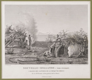 CHARLES ALEXANDER LESUEUR (1778 - 1846) Nouvelle-Hollande: Terre d'Endracht. Cabanes des naturels de la Presqu'ile Peron, ​copper plate engraving, 1807, 14.5 x 21cm (image), plate 35 in the Voyage de Découvertes aux Terres Australes. Native huts. Peron P