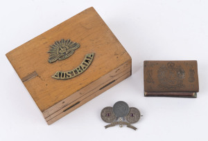 SOMME trench art match box holder, timber box with military badges and a brooch, (3 items), the box 12cm wide