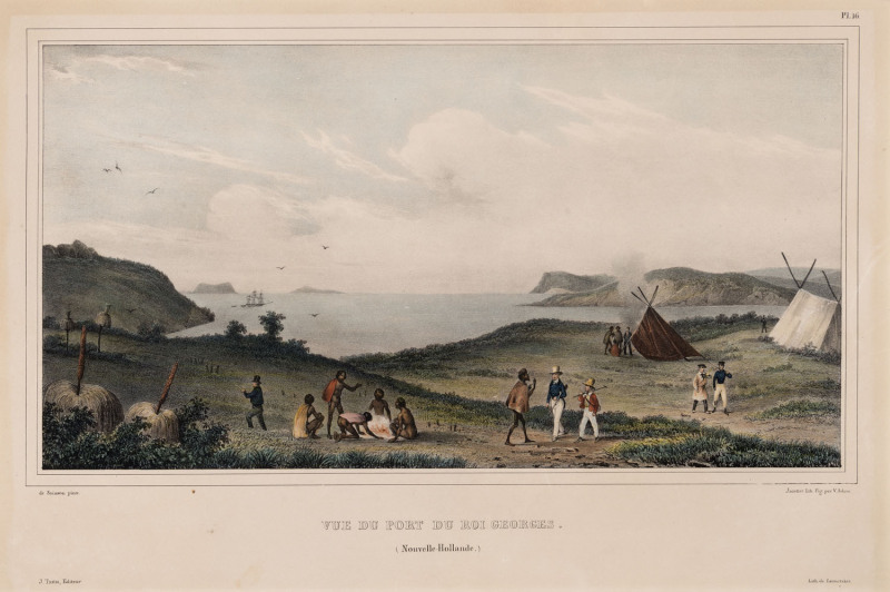 LOUIS AUGUSTE DE SAINSON (1801 - 1887) VUE DU PORT DU ROI GEORGES. (Nouvelle-Hollande.), hand-coloured lithograph from the "Voyage de la corvette l'Astrolabe", 1833, with the blind stamp of Jules Dumont d'Urville, Commander of the Astrolabe, 33 x 50.5cm (