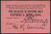 N.S.W. GOVERNMENT RAILWAYS: Travel Pass "For Soldiers in Uniform Only : Expires 5 June 1941"; ticket No.7504 for use between Otford, Campbelltown, Kenny Hill, Penrith, Richmond and Cowan. Excellent condition. Endorsed by Lt. R.A. Bower the issuing officer