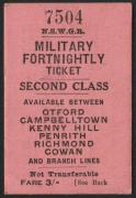 N.S.W. GOVERNMENT RAILWAYS: Travel Pass "For Soldiers in Uniform Only : Expires 5 June 1941"; ticket No.7504 for use between Otford, Campbelltown, Kenny Hill, Penrith, Richmond and Cowan. Excellent condition. Endorsed by Lt. R.A. Bower the issuing officer - 2