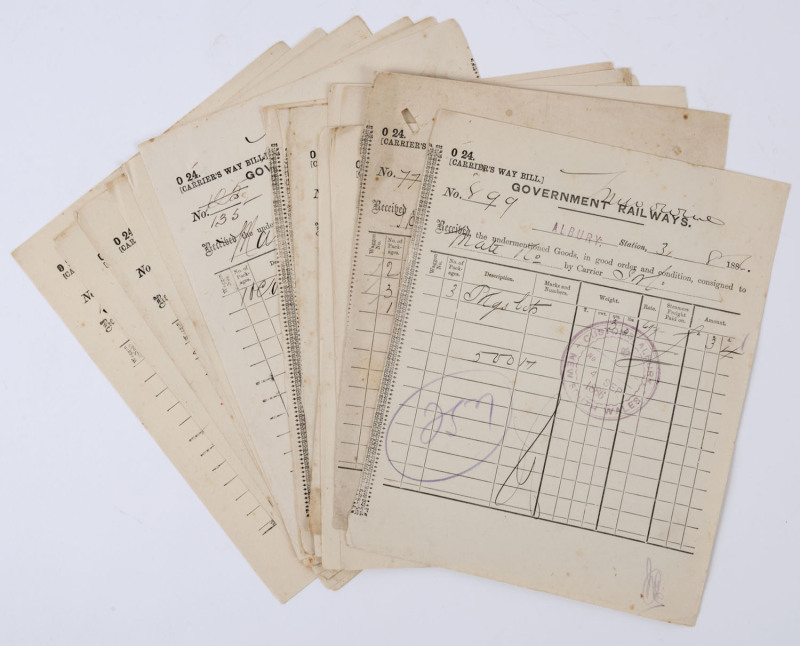 NEW SOUTH WALES GOVERNMENT RAILWAYS: A group of August to November 1886 Carrier's Way Bills issued at ALBURY Station. Goods described include maize, paper, wire, cabbage, drapery, etc., headed to or from Melbourne. (17 items).