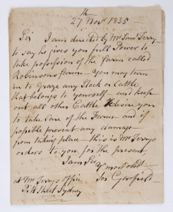 EARLY SETTLERS & EX-CONVICTS AT WINDSOR, NEW SOUTH WALES: A letter, dated 27th November 1835, written at the request of SAMUEL TERRY (convicted of the theft of 400 pairs of stockings and sentenced to transportation for seven years in 1800) from his office