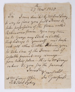 EARLY SETTLERS & EX-CONVICTS AT WINDSOR, NEW SOUTH WALES: A letter, dated 27th November 1835, written at the request of SAMUEL TERRY (convicted of the theft of 400 pairs of stockings and sentenced to transportation for seven years in 1800) from his office