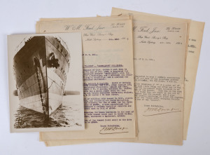 THE COLLISION OF THE S.S. TAHITI and the passenger ferry "GREYCLIFFE" on SYDNEY HARBOUR, November 1927: A Keystone News original press photo showing the Union Liner S.S. Tahiti, accompanied by several pages of documents and correspondence (including dupli