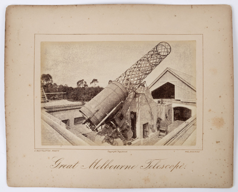 CHARLES NETTLETON (1826-1902) "Great Melbourne Telescope", "Observatory" (close up) & "Observatory", c.1880, albumen prints mounted on Nettleton cards with his printed details below the images. Each image 13.5 x 20cm (approx.) Mixed condition.