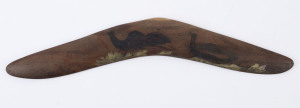 HERMANNSBURG SCHOOL boomerang hand-painted with emus in landscape, mid 20th century, signed verso "Aboriginal Hand Crafted, Hermannsburg, Central Australia", 46cm long