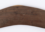 HERMANNSBURG SCHOOL boomerang hand-painted with emus in landscape, mid 20th century, signed verso "Aboriginal Hand Crafted, Hermannsburg, Central Australia", ​46cm long - 2