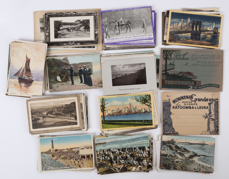 POSTCARDS: Mixed selection predominantly Australian themes including rare early real photographs of LILYDALE (Vic), QUEENSCLIFF, MELBOURNE, SYDNEY, NORTH QUEENSLAND, plus a selection of foreign examples, (110 items)