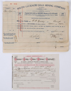GOLD MINING:1881 10/- Share Certificate (#849) for United Ajax Gold Mining Co operating out of Campbell's Creek; also 1926 consecutive run of four share certificates (#5783-86) for the South Lucknow Gold Mining Company, each certificate for 100 shares at 3/6d per share. (5 items)
