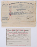 GOLD MINING:1881 10/- Share Certificate (#849) for United Ajax Gold Mining Co operating out of Campbell's Creek; also 1926 consecutive run of four share certificates (#5783-86) for the South Lucknow Gold Mining Company, each certificate for 100 shares at