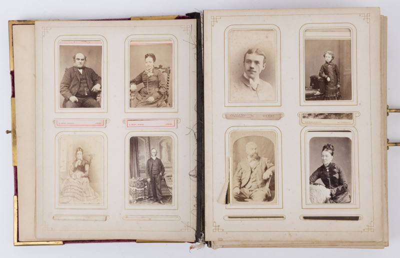 Antique photo album in a somewhat dilapidated state housing and array of cartes-de-visite and cabinet portrait photographs including numerous Australian photographers, 19th century,