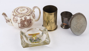 "AUSTRALIAN FEDERATION 1901" Doulton Burslem teapot (a/f), trench art brass shell, "BLINKY BILL" engraved silver plated mug, "BLUEY & CURLEY" glass ashtray, and an antique carved emu egg (a/f), (5 items), ​the shell 12.5cm high