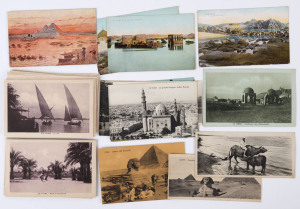 POSTCARDS FROM EGYPT 1915: A series of 11 postcards written between Feb and Nov. 1915, either from R.M.S. Moldavia, Zeitun Camp, Cairo or Headquarters A.I.F., Intermediate Base, and with various postmarks; all addressed to Victoria. Also, a collection of 36 unused Egyptian postcards typical of those souvenired by the "Diggers". (47 total).