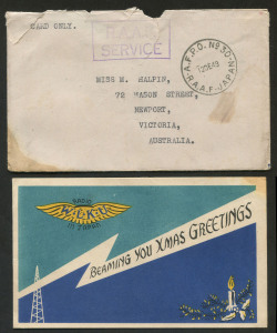 B.C.O.F. in JAPAN: A printed Christmas card from Radio Station W.L.K.U. The Voice of the Royal Australian Air Force in Japan, 77 Squadron R.A.A.F., Iwakuni, B.C.O.F.; together with the RAAF Service envelope in which it was delivered, postmarked A.F.P.O. N