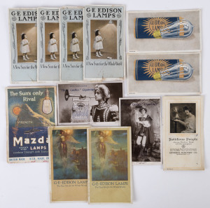 ADVERTISING/BLOTTERS: Postcards backed with blotters for "Three Castles Cigarettes" (2), Edison Lamps (9), General Electric fans (1) & Mazda Lamps\ (1). Mixed condition but quite scarce. (10).