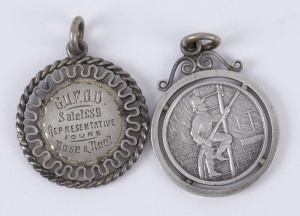 FIRE FIGHTING - VICTORIA: 1889 silver fob awarded to W. Guthridge of the Sale Fire Brigade, for "Representative Fours - Hose & Reel" and another awarded to Guthridge for "Engine Fours" on behalf of Wurruk Volunteer Fire Brigade (undated). (2 items). Note: William Guthridge was a grandson of Sale's first mayor, Nehemiah Guthridge.