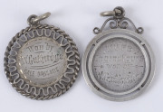 FIRE FIGHTING - VICTORIA: 1889 silver fob awarded to W. Guthridge of the Sale Fire Brigade, for "Representative Fours - Hose & Reel" and another awarded to Guthridge for "Engine Fours" on behalf of Wurruk Volunteer Fire Brigade (undated). (2 items). Note: - 2