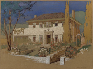BERTHA NICHOLLS (1898-1952) Artistic representation on fabric of one of her brother's (architect Eric M. Nicholls) architectural drawings, 28x36cm; also a signed print by unknown artist showing an animated view of North Terrace, Adelaide in the late 192