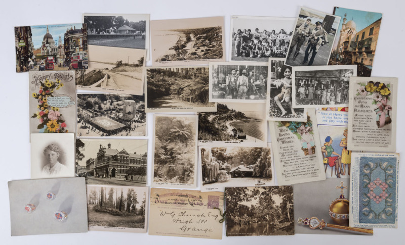 POSTCARDS: including Rose Series real photo images of Fern Tree Gully, Healesville & Frankston, other RPs of Fremantle Post Office and Adelaide 'Floral Carpet', plus humorous and foreign cards; 1924 use of Australian 1d violet Postal Card; also photograph