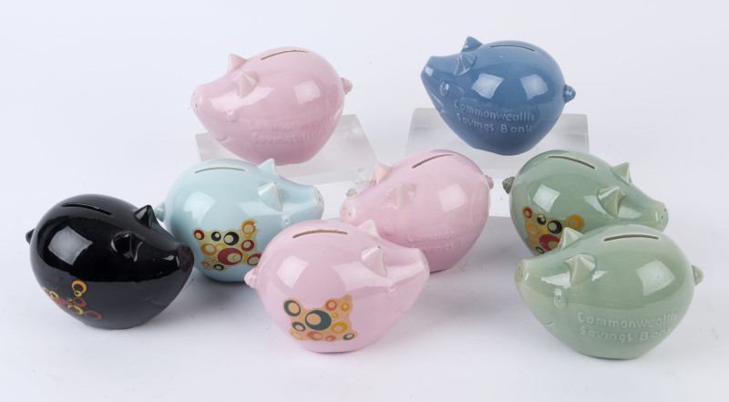 COMMONWEALTH SAVINGS BANK group of eight coloured ceramic piggy banks, 20th century, ​9cm high, 15cm wide