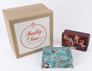 Buckley & Nunn vintage hat box, Hoadleys Chocolates tin and an unusual vintage card box, 20th century, (3 items), the hat box 21cm high, 31cm wide, 31cm deep